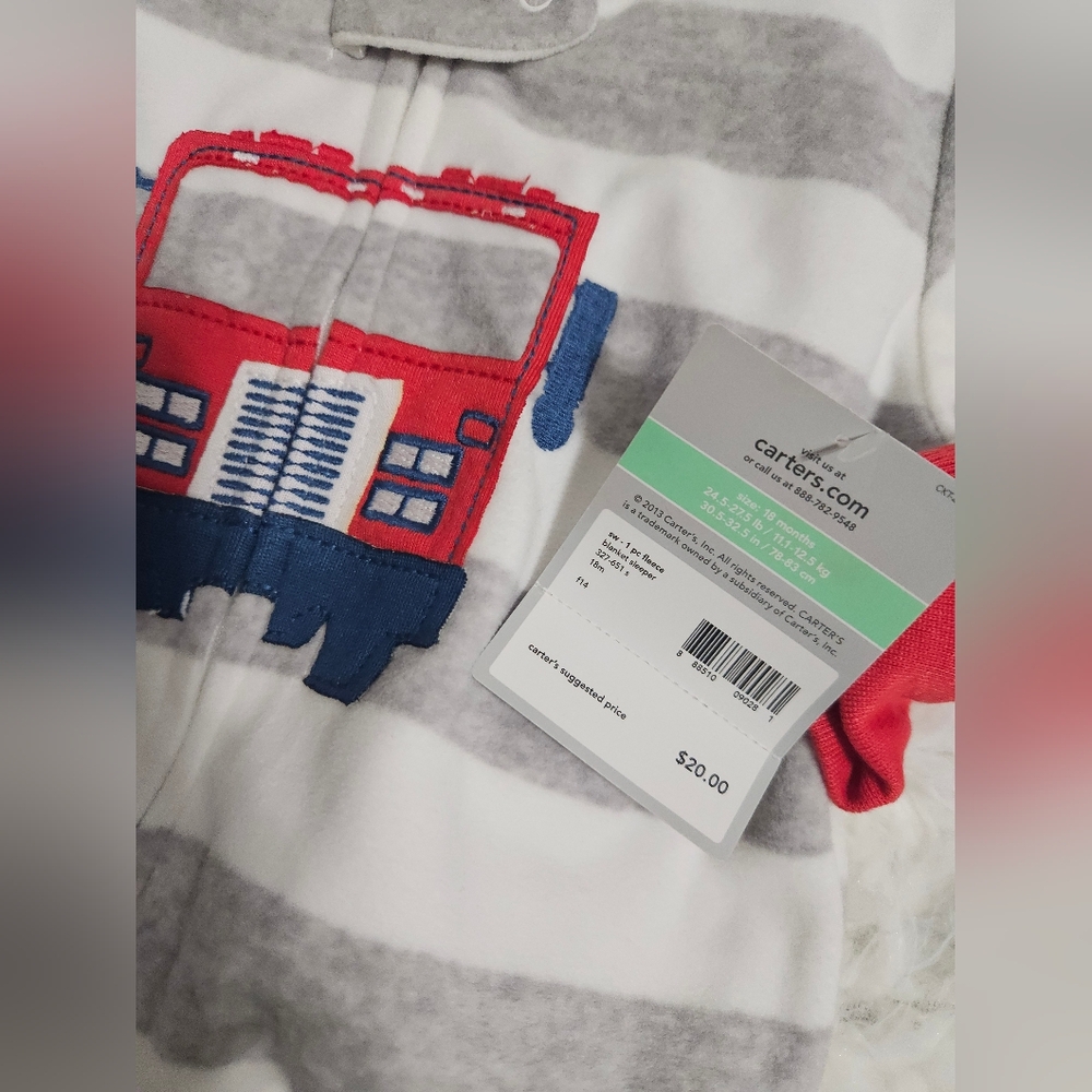 Bundle Carter's Navy and Gray Striped Footies with Bulldog and Fire Truck - Picture 2 of 3